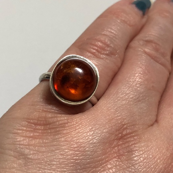 Vintage stamped sterling silver amber cabochon ring sz 6.25 glows - Picture 3 of 13